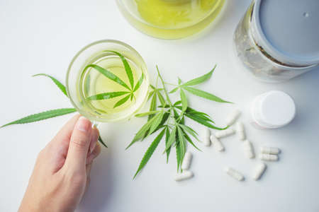 Hand pick cup hot drink made by infusing the fresh leaves of the marijuana leaf in boiling water. Beverage ganja in cup for drink. Marijuana and capsules drug Concept alternative herbs for healing.の写真素材