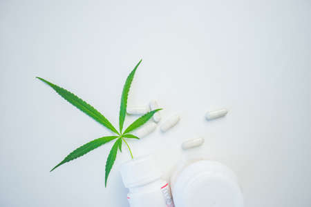 Marijuana leaves with capsules drug. Drugs made from marijuana ingredient. Concept alternative herbs for healing.の写真素材