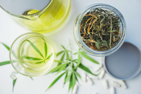 Dehydrated hemp leaves for boiling hot water.の写真素材