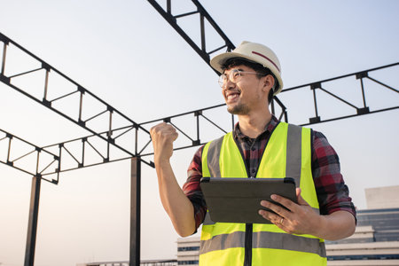 Asian man engineer contractor in construction site work during inspection for estimate price for renovated structure. Engineer cheerful use tablet for working in construction site work.の写真素材