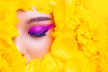 Fashion eye with flower, Asian female closeup colorful eyeshadow with extreme long false eyelashes. Eyelash Extensions. Makeup, Cosmetics, Close up macro eye woman.の写真素材
