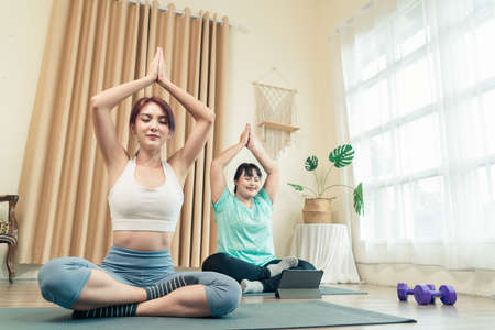 Two Asian women body size different in sport wear doing training yoga at home together. Healthy lifestyle and workout at home concept.の写真素材