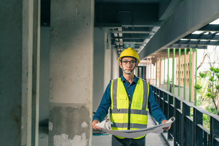 Portrait Asian man Builder holding blueprint in construction site. Foreman inspection working with...