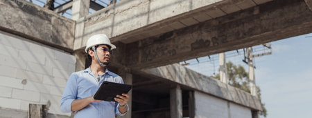 Architect working use BIM and AR technology digital construction application on digital tablet....