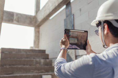 Architect working use BIM technology and digital construction application on digital tablet. Civil Engineer working inspection progress in construction house project. Selective focus.の写真素材