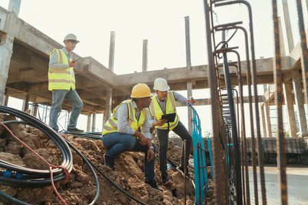 Team civil engineer, Mechanical engineer working installation pvc pipe and pneumatic test leaking in...