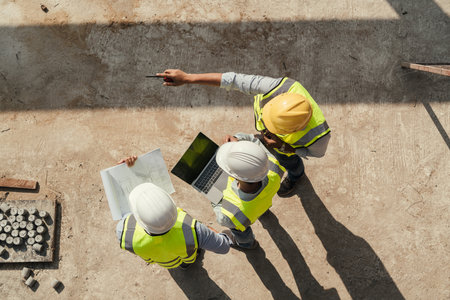 Top view, Team engineer building inspection use tablet computer and blueprint working at construction site. Civil Engineer, Contractor and Architect discussing in construction site.の写真素材