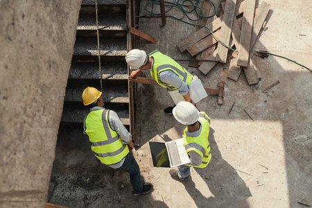 Top view, Team civil engineer inspection concrete pouring make stair at construction site. Building...