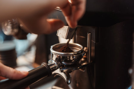 Coffee grinder grinds fresh coffee beans into a portafilter for  espresso machine. Barista grind coffee bean with grinder machine. Selective focus.の写真素材