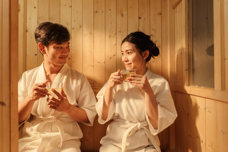 Happiness Asian couple in bathrobe drinking hot tea while relaxing in the sauna. Relaxation young...