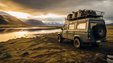 Adventure travel trip with camper car at dirt road with the river and mountain in nature under sunrise.の素材