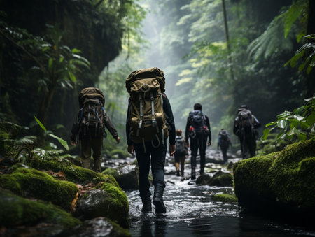 Small group young backpacker in nature hiking trip, rainforest and mountain, Adventure travel trip.の素材