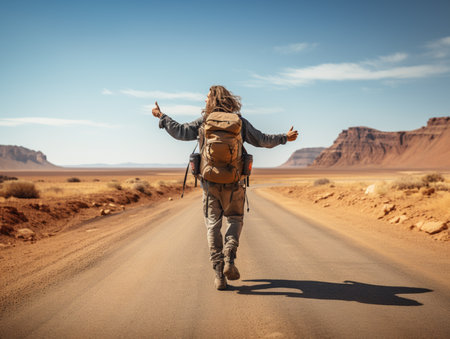Behind a man travelers adventure trip backpack doing hitchhiker on dirt road. A man backpacker.の素材