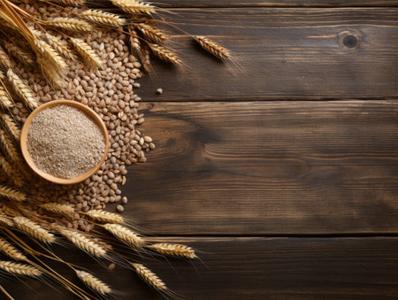 Top view. Cereals grain food organic around table. Wooden table. Center empty space.の素材