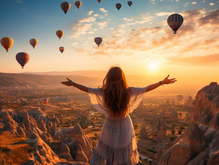 Behind tourist woman on a mountain top enjoying wonderful view of the sunrise and balloons. Happy travel concept.の素材