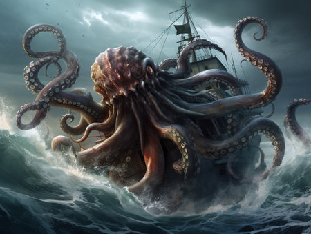 Tentacles of an octopus, attacking a cargo ship floating in the middle of the ocean, in the midst of stormy winds and rough waves.の素材