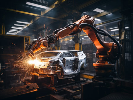 Robot industrial welding frame car in car factory. Heavy industrial robot welding in car factory.の素材