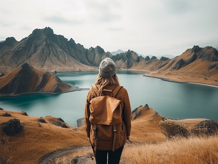 Hiker young girl with a backpack standing on top mountain. A woman travel adventure concept.の素材