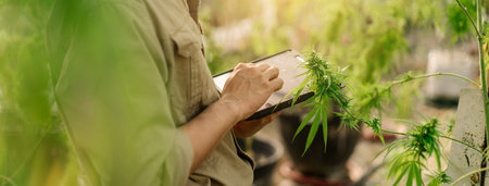 Closeup hand of a man farmer use tablet checking and keep data in cannabis farm. Hemp quality control. Business cannabis farm for pharmaceutical industry.の写真素材