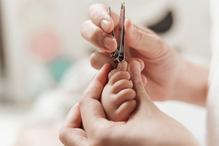 Closeup hand of mother cutting nails foot babies. Baby care.の写真素材