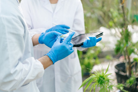 Selective focus hand, Marijuana researcher team holding sample cannabis  examining and analizing hemp, Keep data the results with tablet in cannabis farm. Concept of herbal alternative medicine.の写真素材