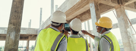 Civil Engineer and Contractor working in construction site. Team Architect working use BIM technology and digital construction application on digital tablet. Teamwork discussing at workplace.の写真素材