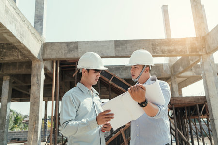 Contractor and Architect discussing plan details. Team engineer inspection use computer laptop working at construction site. Teamwork discussing at workplace.の写真素材