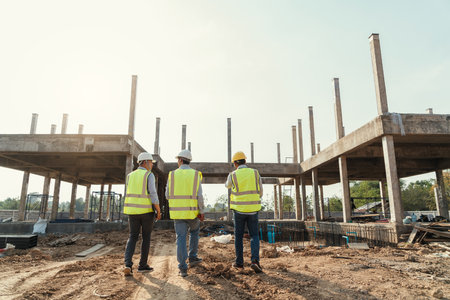 Civil Engineer, Contractor and Architect walking to construction site. Worker at workplace.の写真素材