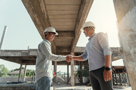 Architect and engineer construction workers shaking hands while working for teamwork and cooperation concept.の写真素材