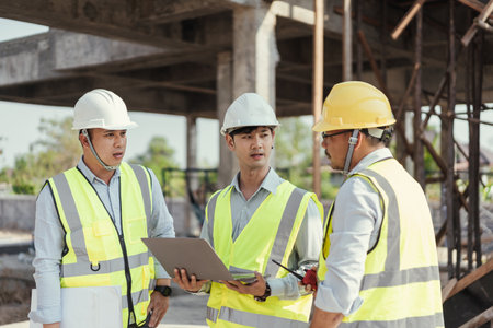 Building Project with Civil Engineer, Contractor and Architect discussing plan details. Team engineer inspection use computer laptop working at construction site. Teamwork discussing at workplace.の写真素材