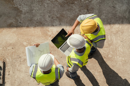 Top view, Team engineer building inspection use computer laptop and blueprint working at construction site. Teamwork discussing at workplace.の写真素材
