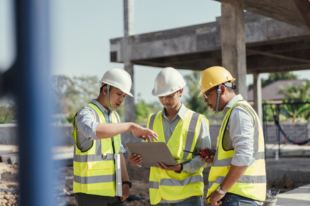Building Project with Civil Engineer, Contractor and Architect discussing plan details. Team engineer inspection use computer laptop working at construction site. Teamwork discussing at workplace.の写真素材