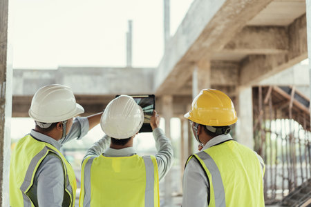 Civil Engineer and Contractor working in construction site. Team Architect working use BIM technology and digital construction application on digital tablet. Teamwork discussing at workplace.の写真素材