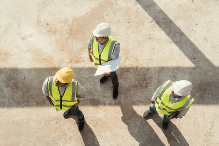 Top view, Building Project with Civil Engineer, Contractor and Architect check blueprint and discussing plan details.の写真素材