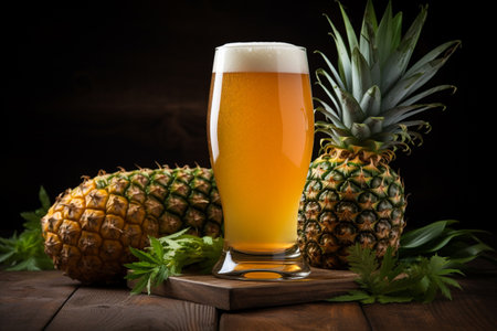 Beer glass with Raw material hops and pineapple for beer fermentation. Concept beer craft. beer homemade.の素材
