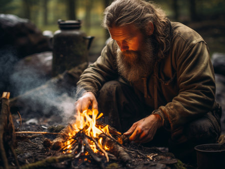 campfire cooking and Survivor in the national forest. Camping tent.の素材