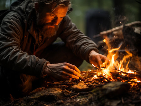 campfire cooking and Survivor in the national forest. Camping tent.の素材