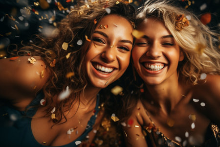 Happiness group friends cheerful with champagne in confetti celebration. new yearâs anniversary concept.の素材