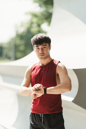 Portrait Asian man using app on smart watch for select music, Measure you're heartbeat, and calories burned. Fitness, energy and athlete runner doing outdoor cardio workout for good health.の写真素材