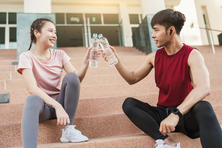 Young Asian couple athlete drinking water after exercising outdoors in park. Drinking water from bottle, Healthy exercise concept.の写真素材