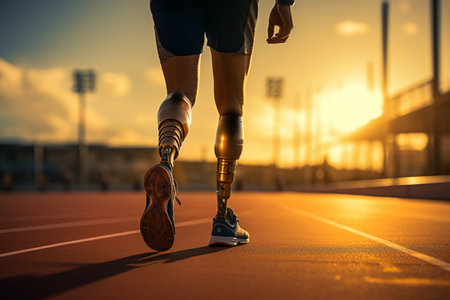 A runner's prosthetic leg, full of energy and inspiration, on the running track.の素材