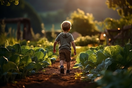 A little boy takes a walk in the vegetable garden.の素材