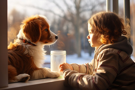 Cute child asian hugging a dog near window at home.の素材