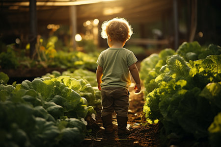 A little boy takes a walk in the vegetable garden.の素材