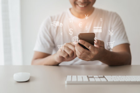 Selective focus hand, Asian man customer happy using smartphone to shopping online. Business e-commerce online marketing concept.の写真素材