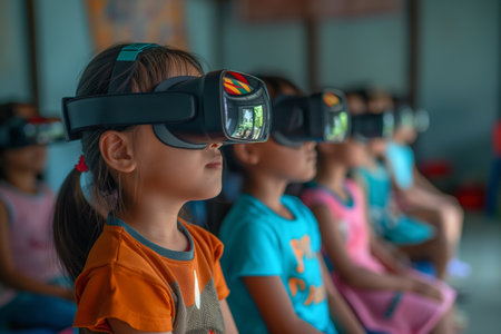Children in class use VR glasses technology, in the concept of advancement in educational technology.の素材