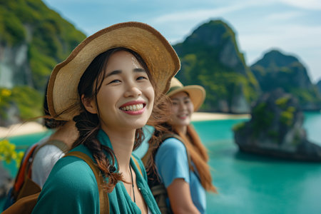 Beautiful Asian woman with group friend enjoying a vibrant travel lifestyle, exploring exotic destinations, savoring local cuisine, and immersing themselves in cultural experiences worldwide.の素材
