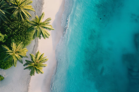 A picturesque travel destination with crystal-clear turquoise waters, golden sandy beaches, and palm trees swaying in the breeze. Captivating imagery for travel brochures, vacation advertisements, and destination websites.の素材