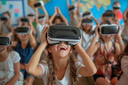Children in class use VR glasses technology, in the concept of advancement in educational technology.の素材