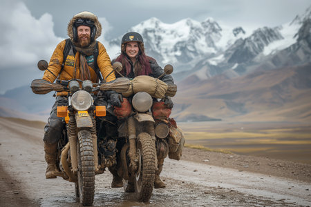 Touring motorcycle, traveling around the world, making friends along the way.の素材